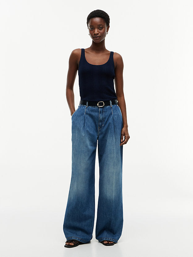 Pleated Mid Rise Wide Leg Jeans