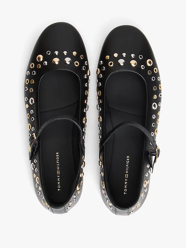 Stud Embellished Leather Buckle Ballerinas