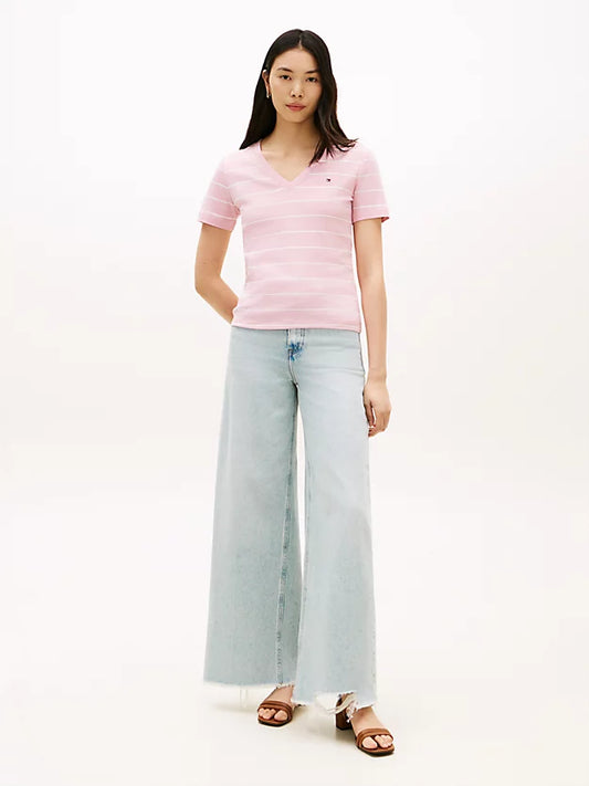 Flag Embroidery Slim V-Neck T-Shirt