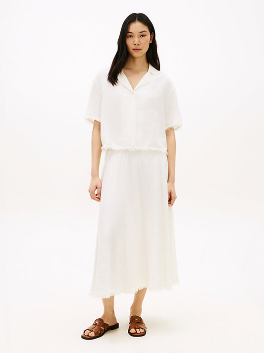Pleated Linen Blend Midi A-Line Skirt