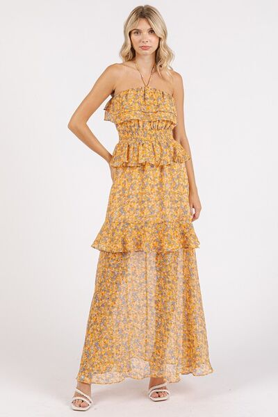 Robe longue à fleurs froncée et à col bénitier Mittoshop