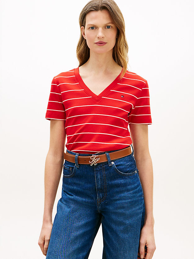 Flag Embroidery Slim V-Neck T-Shirt