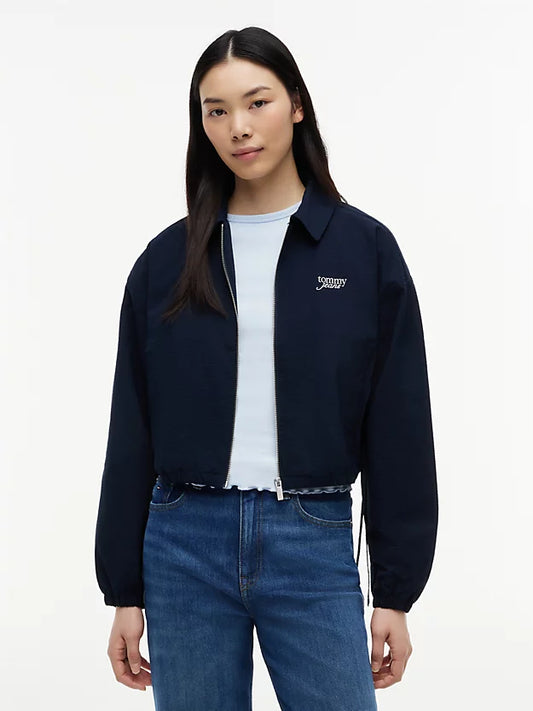 Seersucker Drawstring Hem Relaxed Coach Jacket