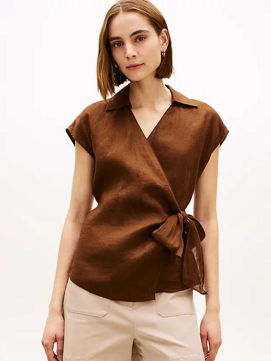 Pure Linen Wrap Knot Sleeveless Blouse