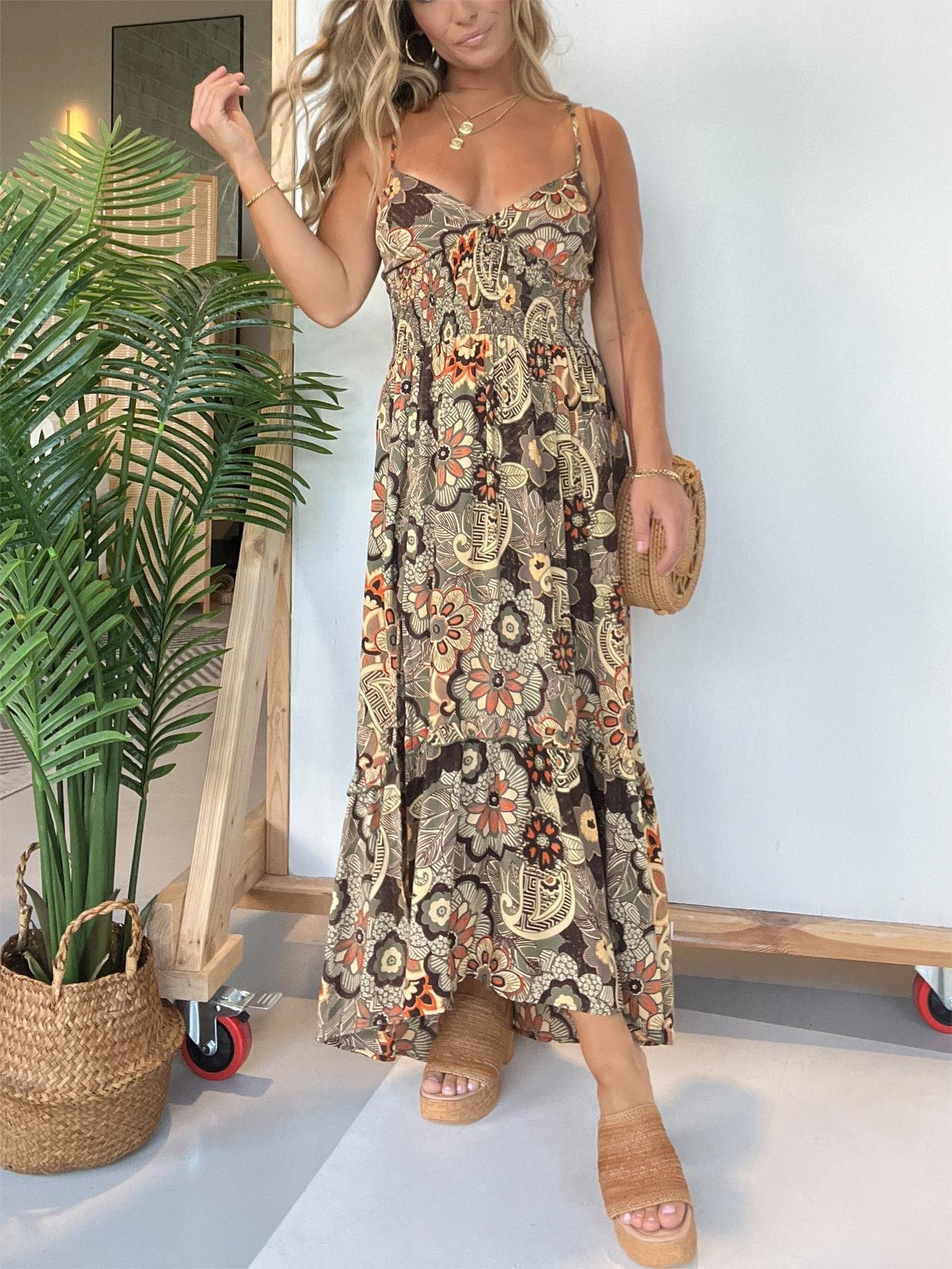 Damen Spaghettiträger Blumen Maxikleid (Kaufe 2, Versandkostenfrei)