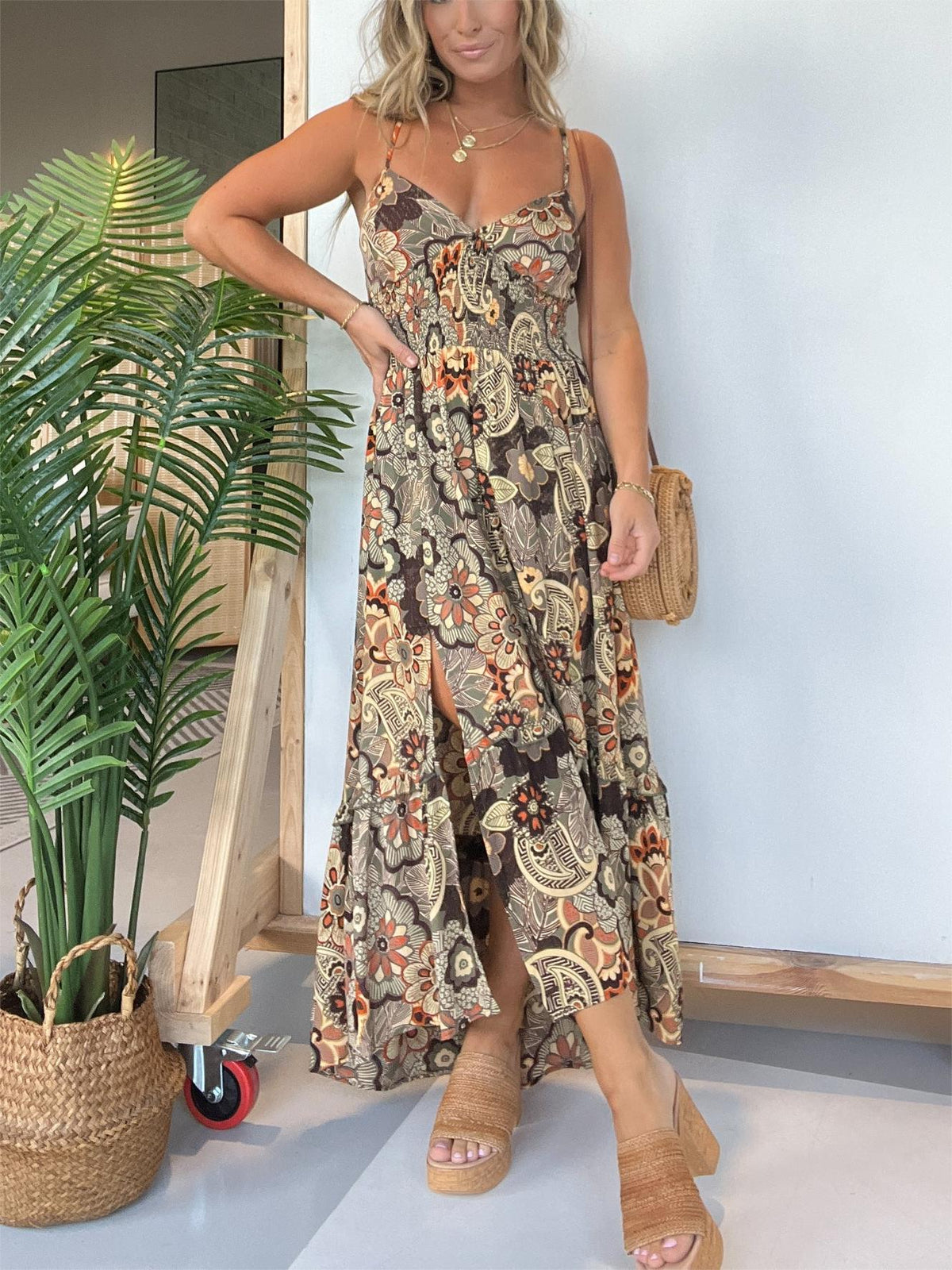 Damen Spaghettiträger Blumen Maxikleid (Kaufe 2, Versandkostenfrei)