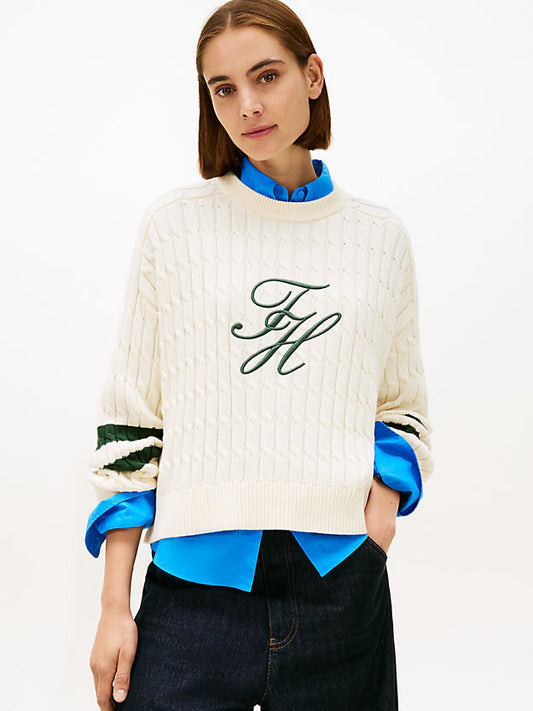 Logo Embroidery Relaxed Cable Knit Jumper