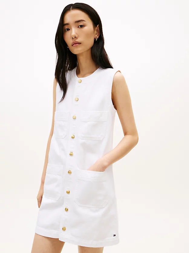 Gold-Tone Button Denim Mini Shift Dress