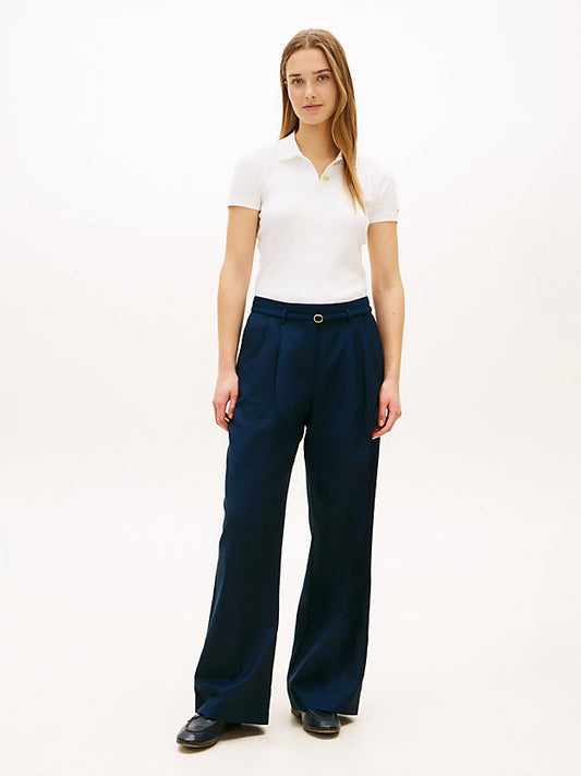 Linen Blend Belted Wide Leg Trousers