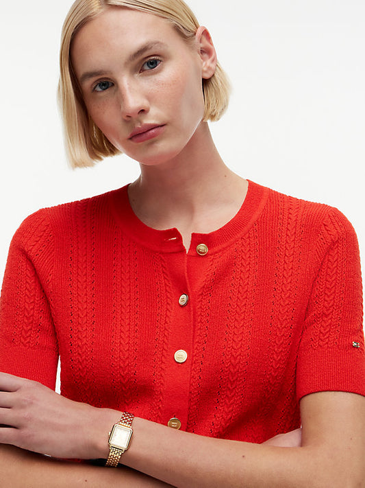 Pointelle Gold-Tone Button Short Sleeve Cardigan
