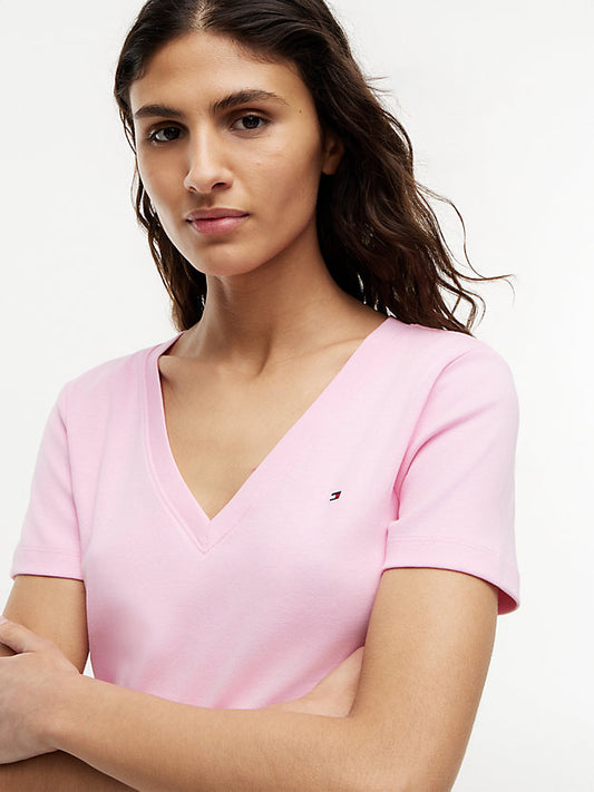 Flag Embroidery Slim V-Neck T-Shirt