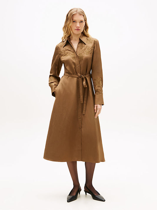 Floral Embroidery Midi Shirt Dress WiLinen