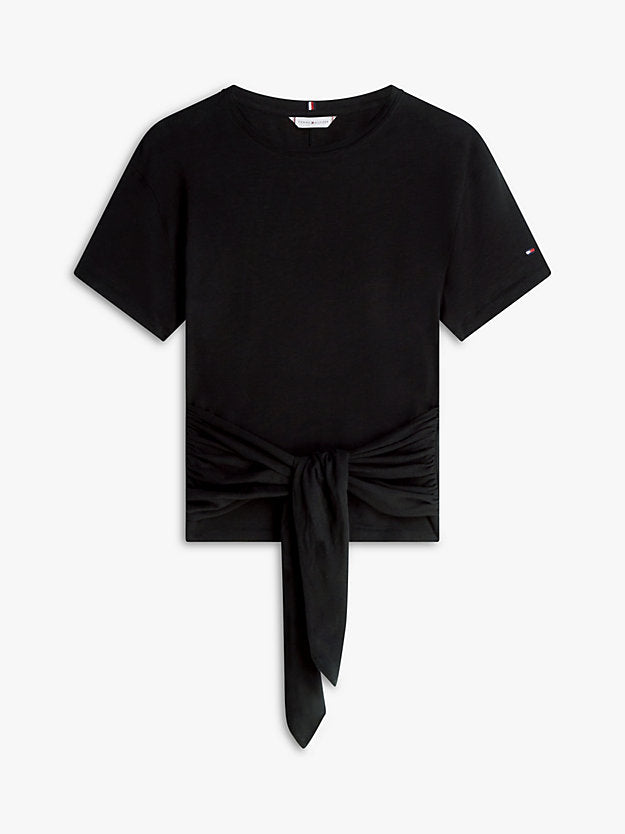 Self-Tie Textured Relaxed Crew Neck T-Shirt