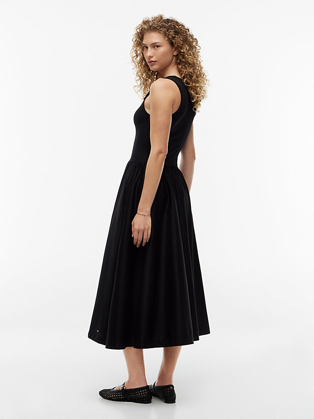 Gold-Tone Button Slim Mixed Midi Dress