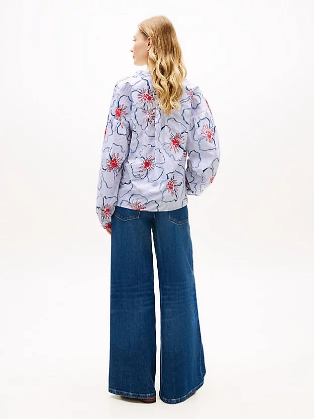 Relaxed Fit Poplin V-Neck Blouse