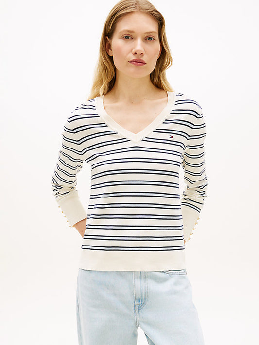 Gold-Tone Button Cuff V-Neck Jumper