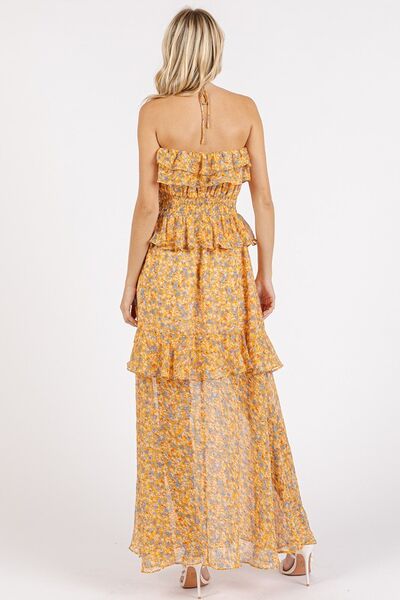 Robe longue à fleurs froncée et à col bénitier Mittoshop