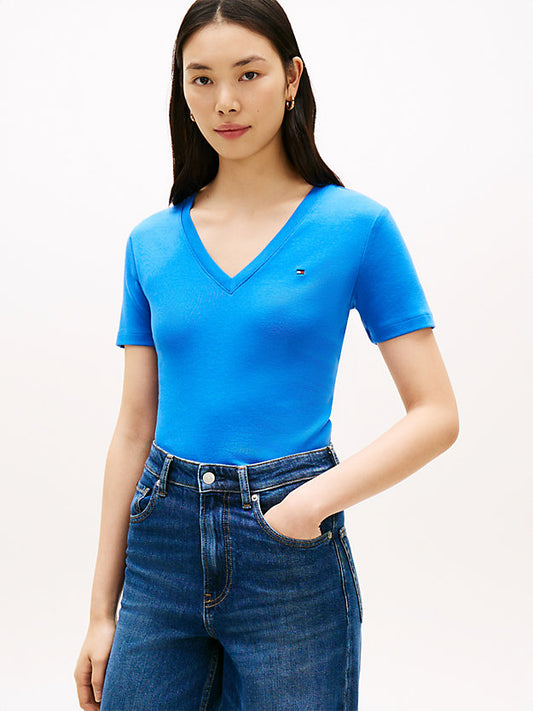 Flag Embroidery Slim V-Neck T-Shirt