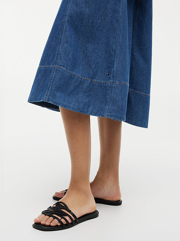 Belted Denim Fit And Flare Midi Dress