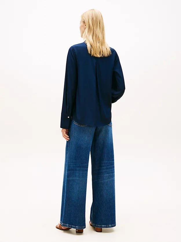 Relaxed Fit Gold-Tone Button V-Neck Blouse