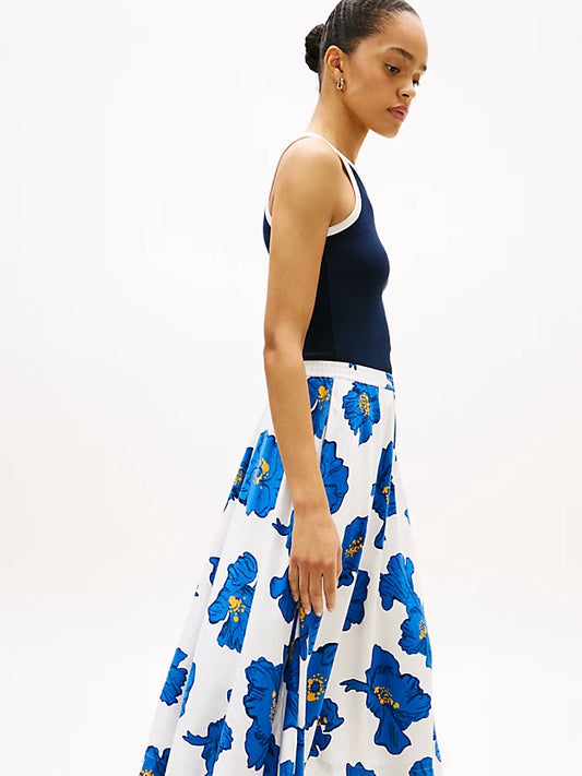 Pleated Linen Blend Midi A-Line Skirt