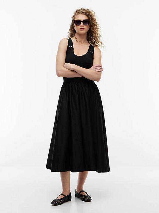 Gold-Tone Button Slim Mixed Midi Dress