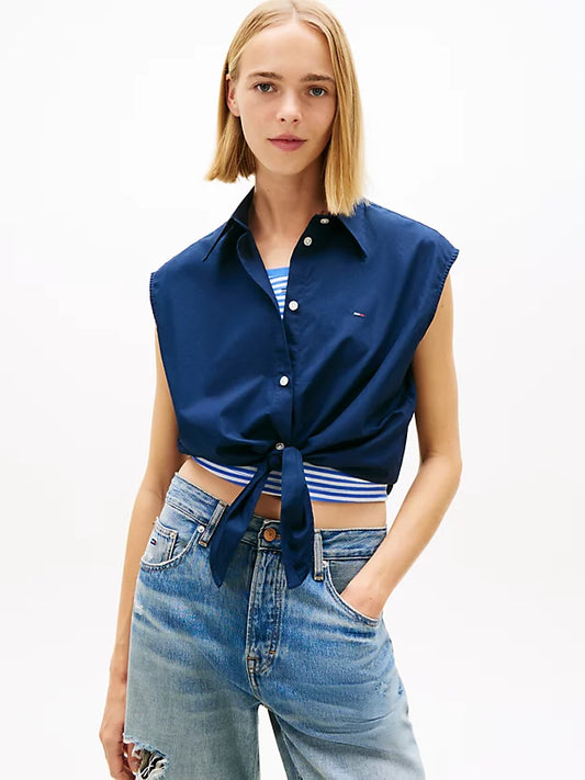 Relaxed Fit Sleeveless Tie Front Shirt