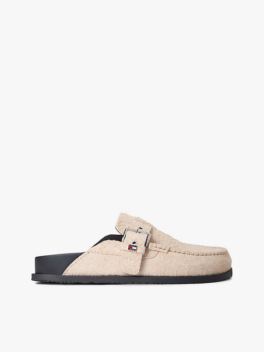 Textured Suede Buckle Mules