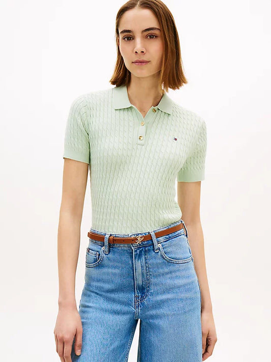 Cable Knit Short Sleeve Polo Jumper