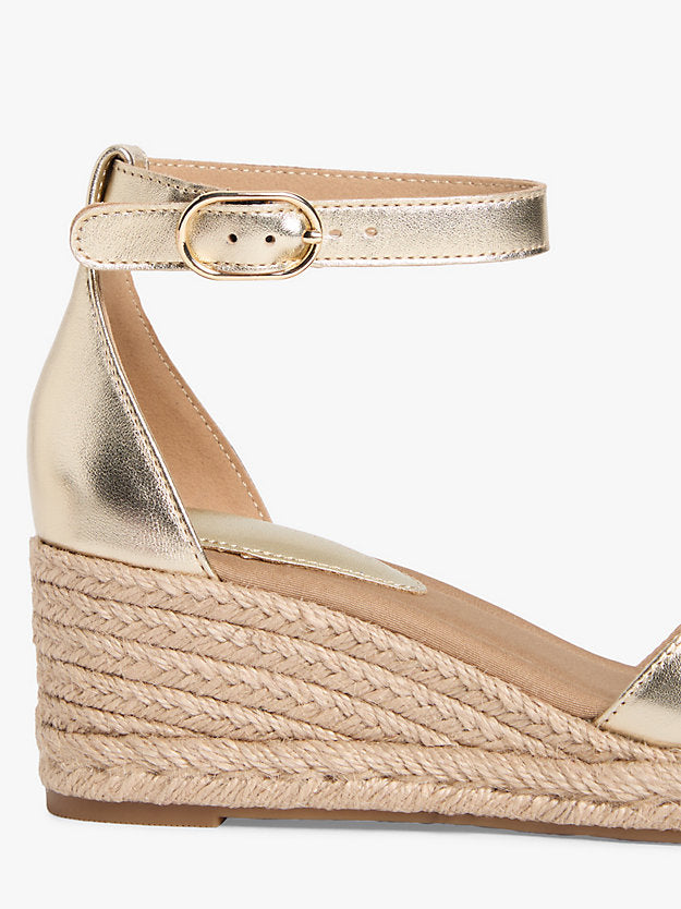 Metallic Leather Crossover Strap Wedge Espadrilles