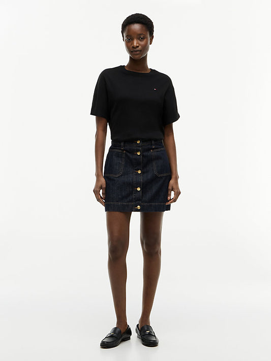 Gold-Tone Button Denim Mini Skirt
