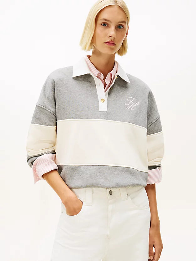 Gold-Tone Button Relaxed Rugby Sweatshirt