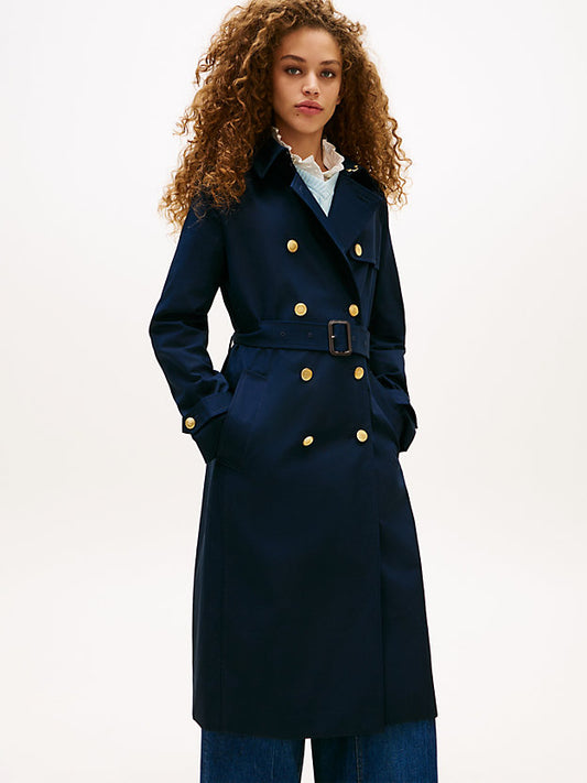 Gold-Tone Button Slim Trench Coat