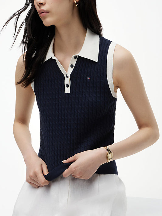 Cable Knit Slim Sleeveless Polo Jumper