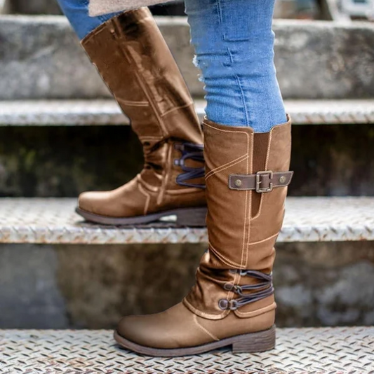 Damen-Vintage-Lederstiefel mit Reißverschluss und hohem Schaft