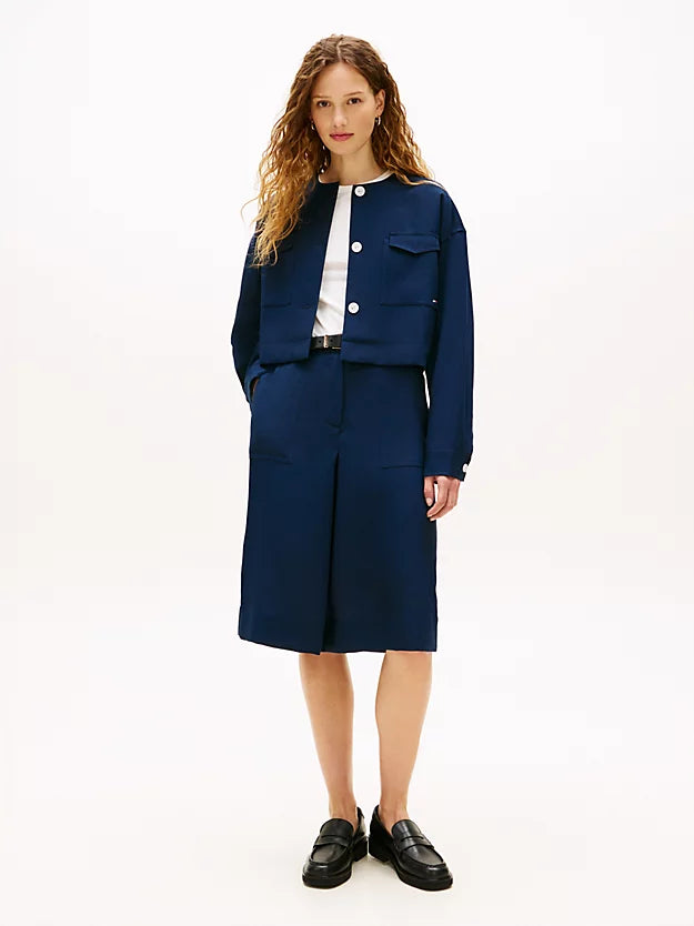Tailored Collarless Boxy Short Utility Jacket