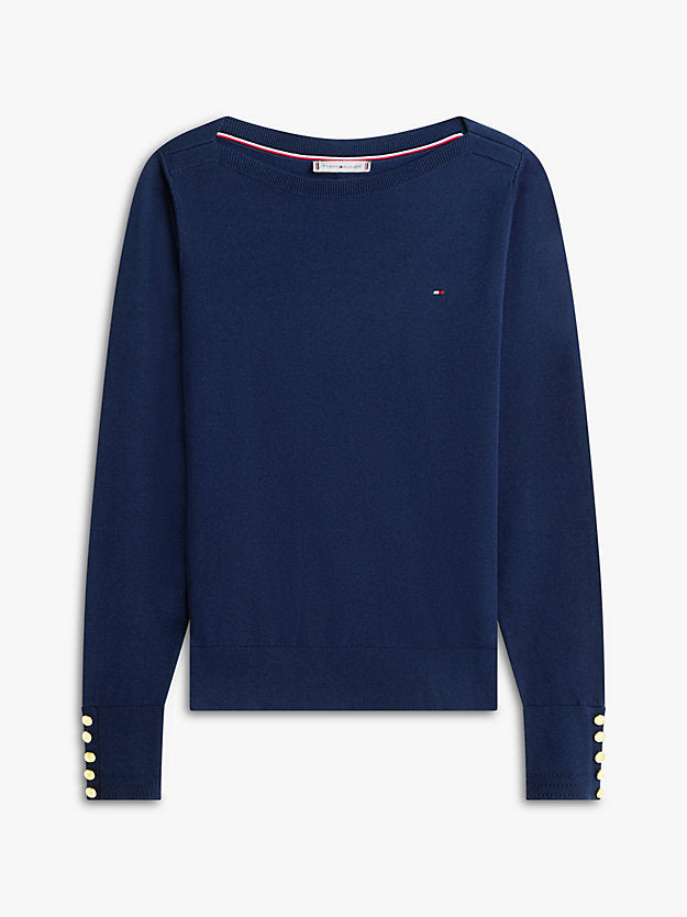 Gold-Tone Button Jersey Boat Neck Jumper