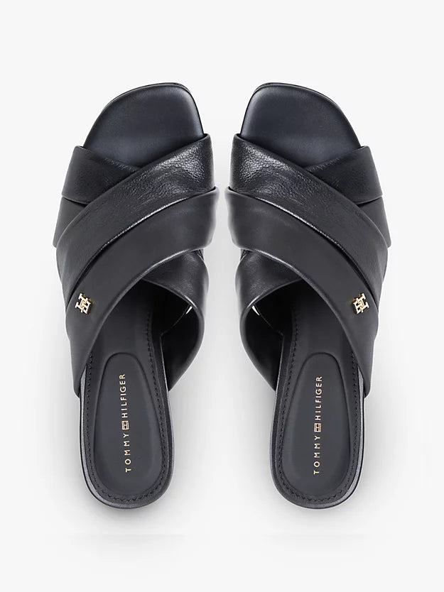 Leather Crossover Strap Heeled Mules