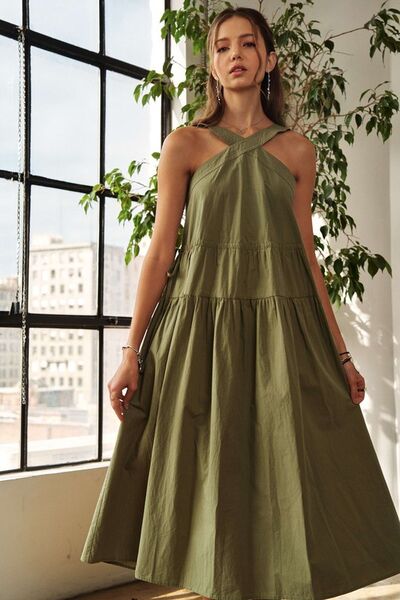 ADORA Midi-Kleid mit gekreuzten breiten Trägern und Tunnelzug-Detail