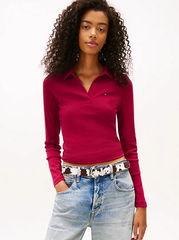 Slim Fit Ribbed Long Sleeve Polo Shirt