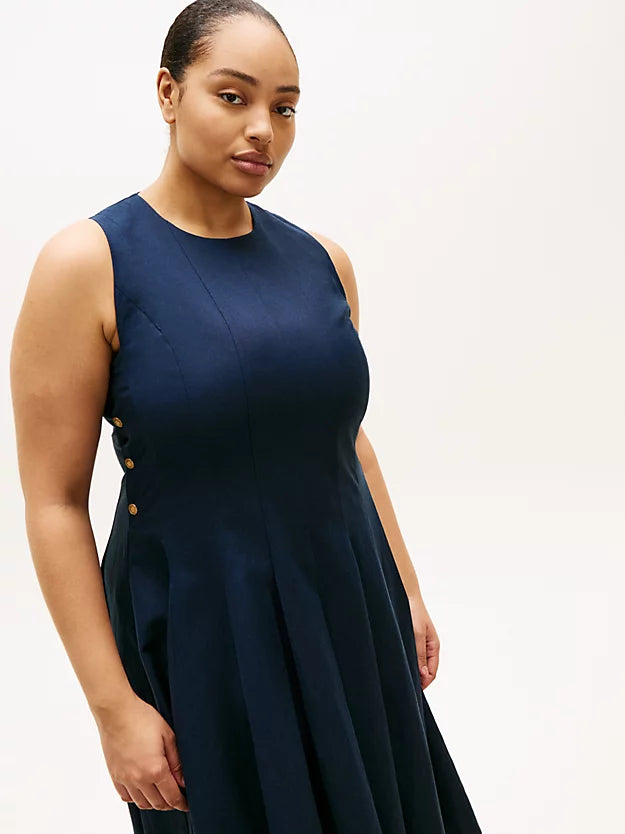Curve Gold-Tone Button Linen Blend Midi Dress