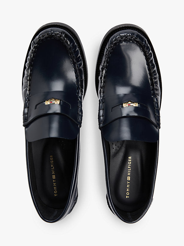 Shiny Leather Block Heel Penny Loafers