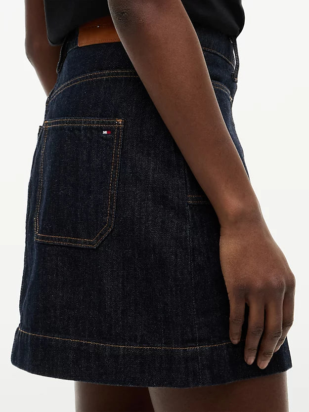 Gold-Tone Button Denim Mini Skirt