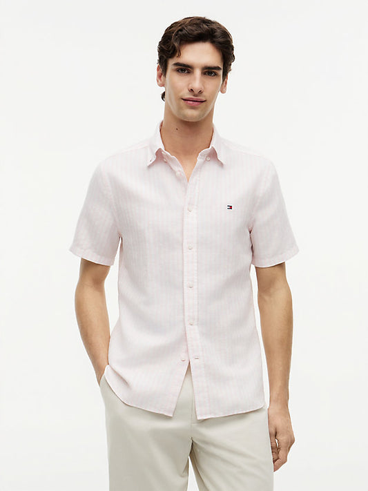 Regular Linen Blend Bengal Stripe Short Sleeve Shirt