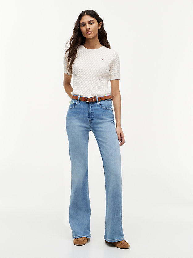 Whiskered Mid Rise Flared Jeans