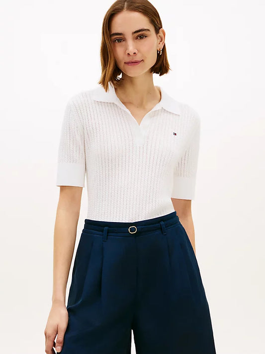 Pointelle Short Sleeve Polo Jumper