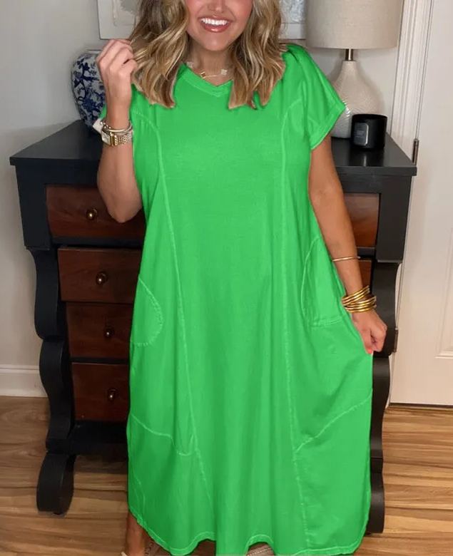Damen Maxikleid mit kurzen Ärmeln und Taschen (2 kaufen, kostenloser Versand)