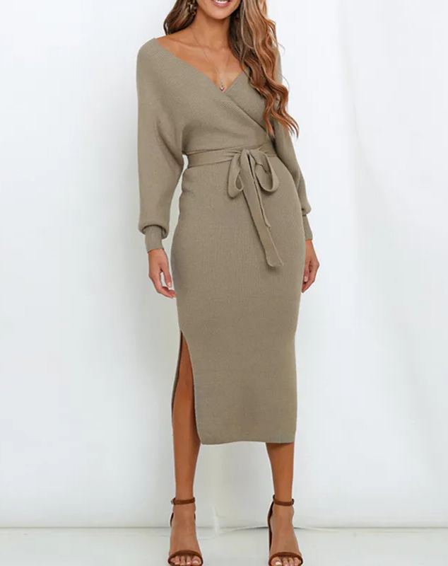 Damen Wickelkleider mit V-Ausschnitt und Schlitz (2 kaufen, kostenloser Versand)