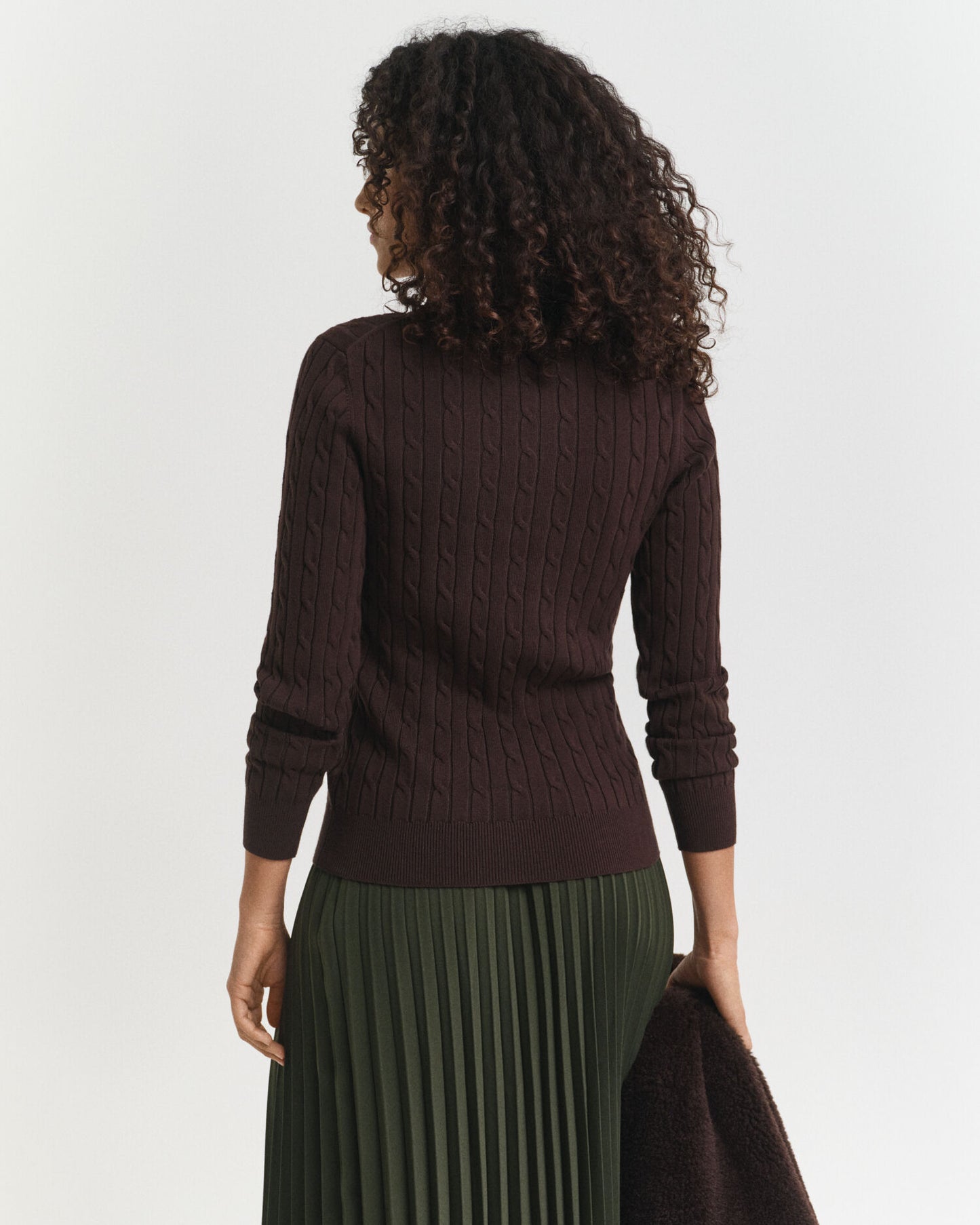 Stretch Cotton Cable Knit Crew Neck Sweater