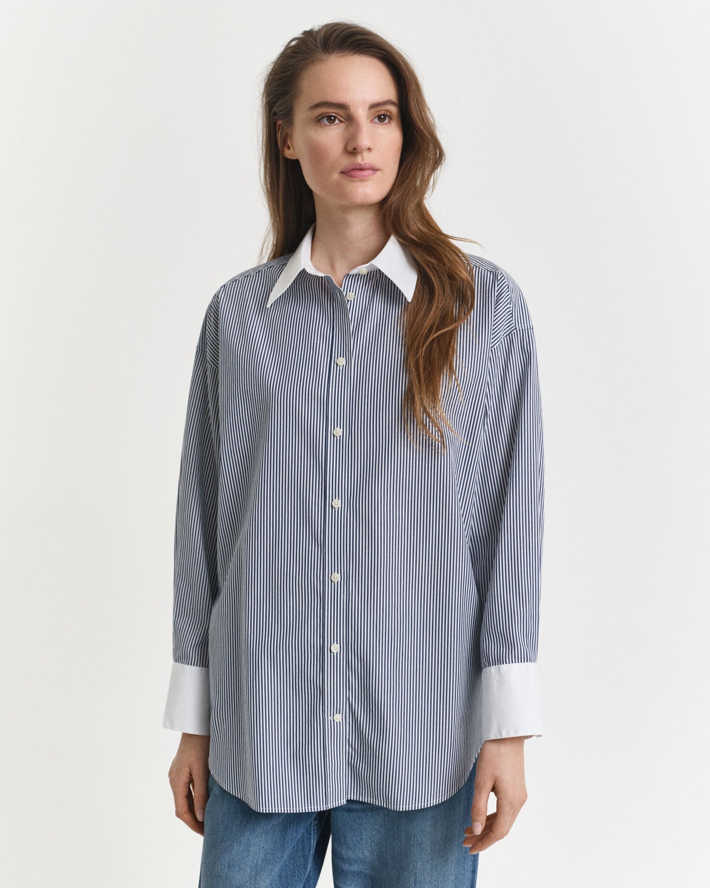 Oversized Contrast Collar Striped Shirt